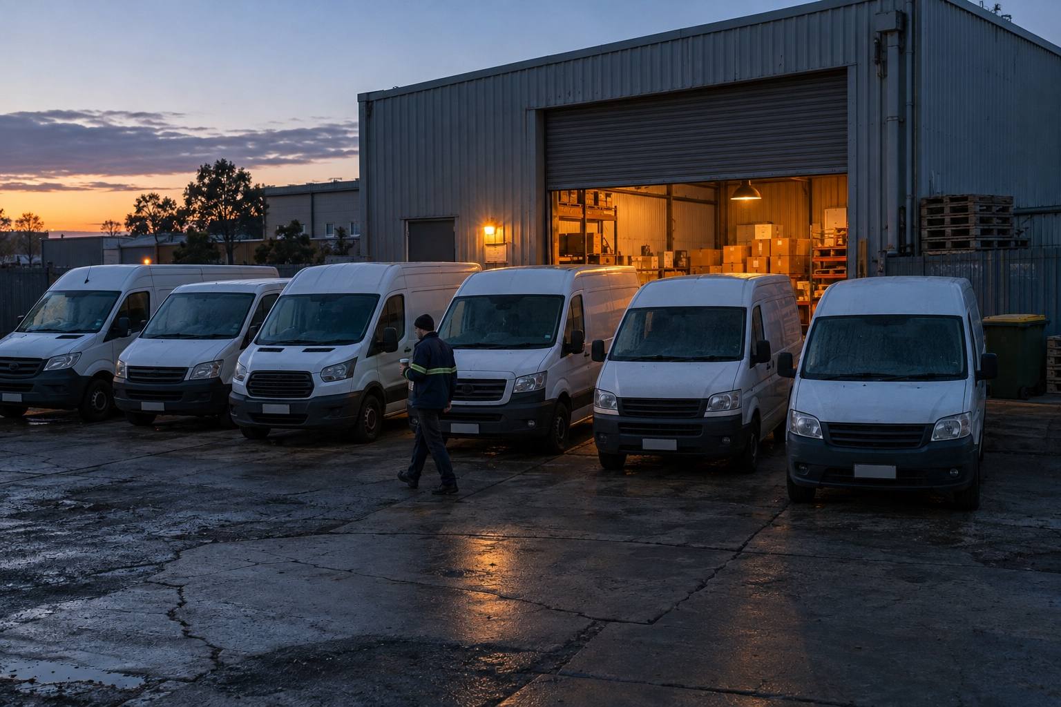 Six white vans parked outside a small industrial unit at dawn.