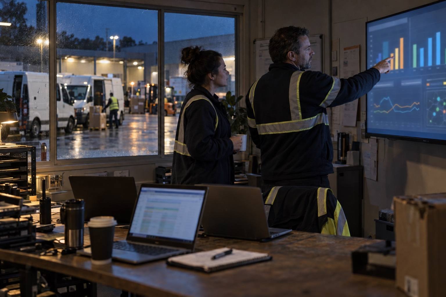 A depot manager and a team lead reviewing charts on a wall screen before dawn.