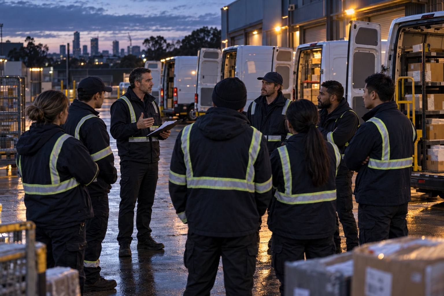 A depot lead with a clipboard giving a morning safety briefing to a group of drivers.