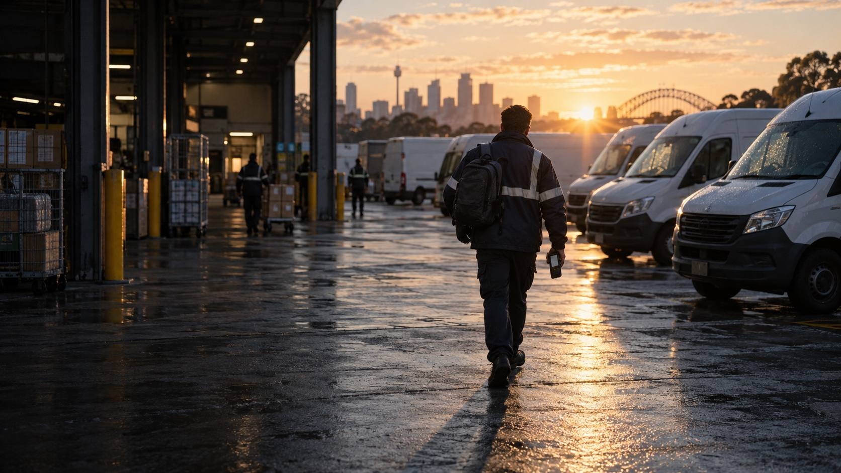 A driver walking across a depot yard toward a row of vans at sunrise.