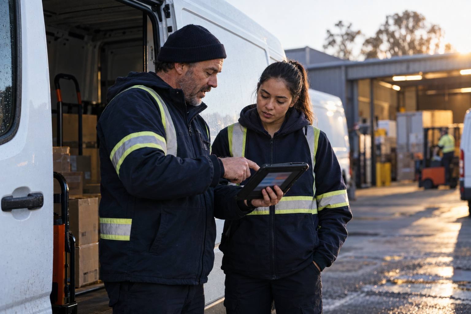 A driver trainer and a driver reviewing a tablet beside an open van.