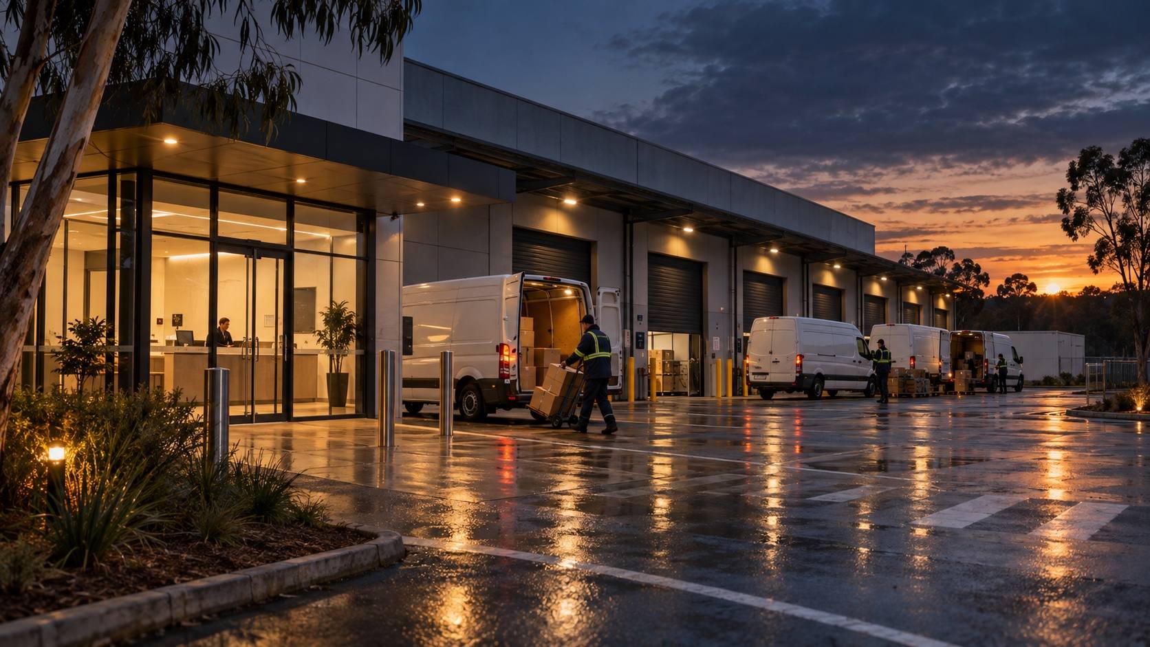 The visitor entrance of a depot at dusk, with vans at the loading docks beside it.