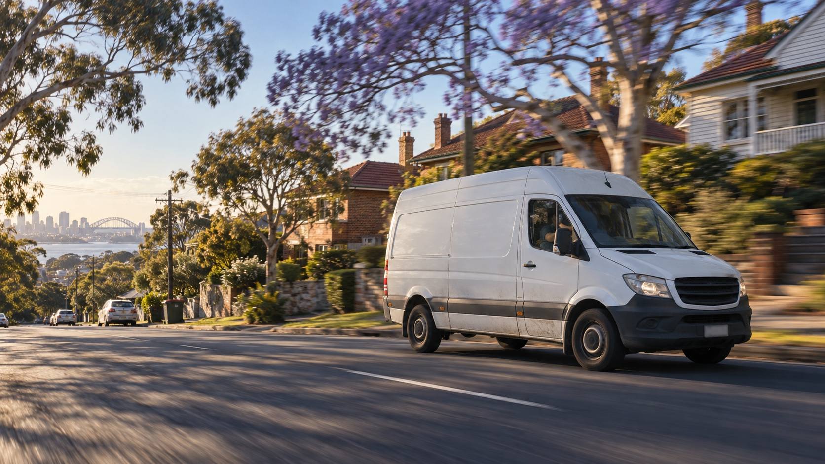 A white delivery van driving down a leafy suburban street in morning light.