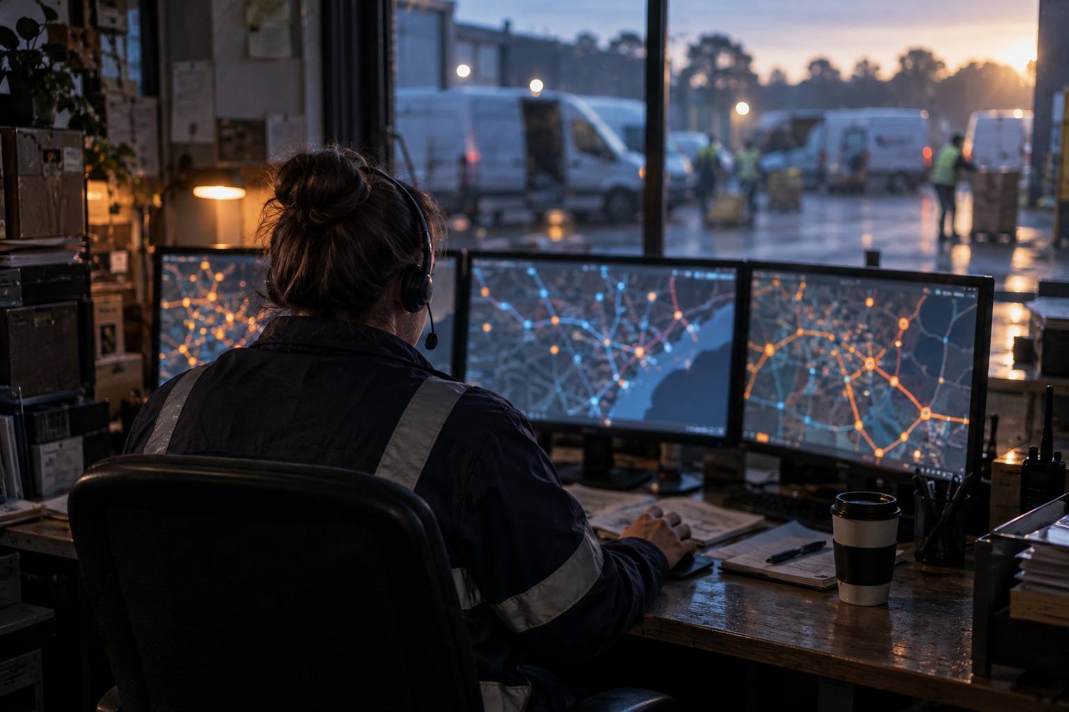 A dispatcher in a headset watching three screens of live route maps, the depot yard visible through the window.