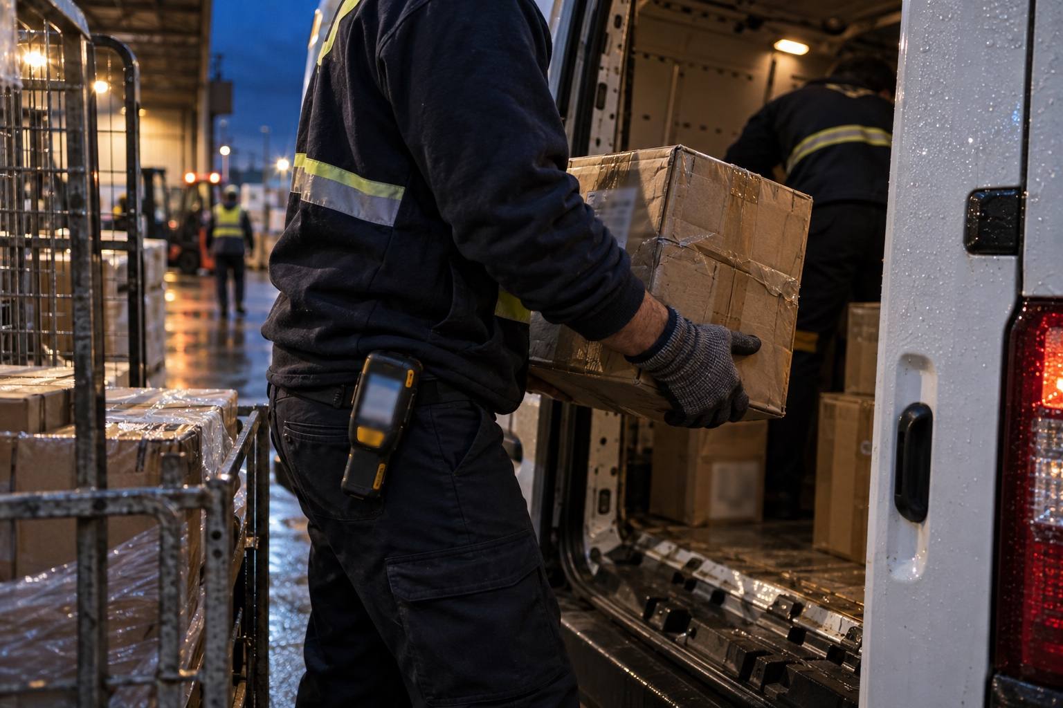 A driver lifting a parcel from a roll cage into the back of a van at a loading dock.
