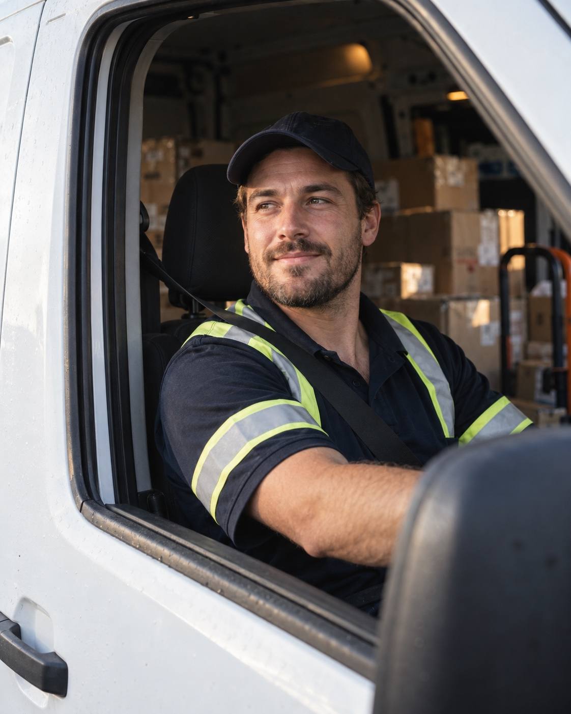 A delivery driver in hi-vis sitting at the wheel of his van, parcels stacked behind him.