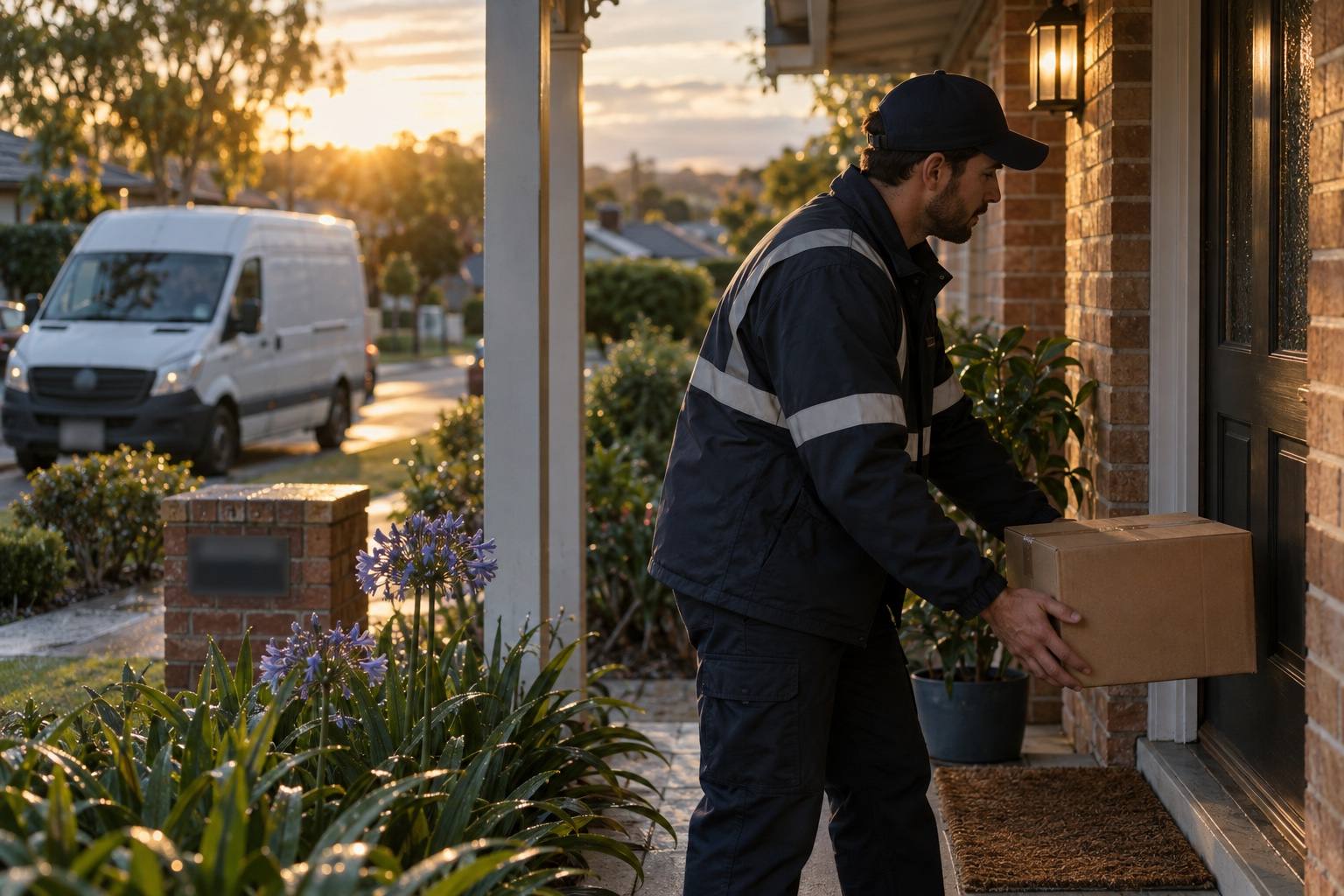 A driver placing a parcel at the front door of a suburban brick house, the van parked at the kerb.