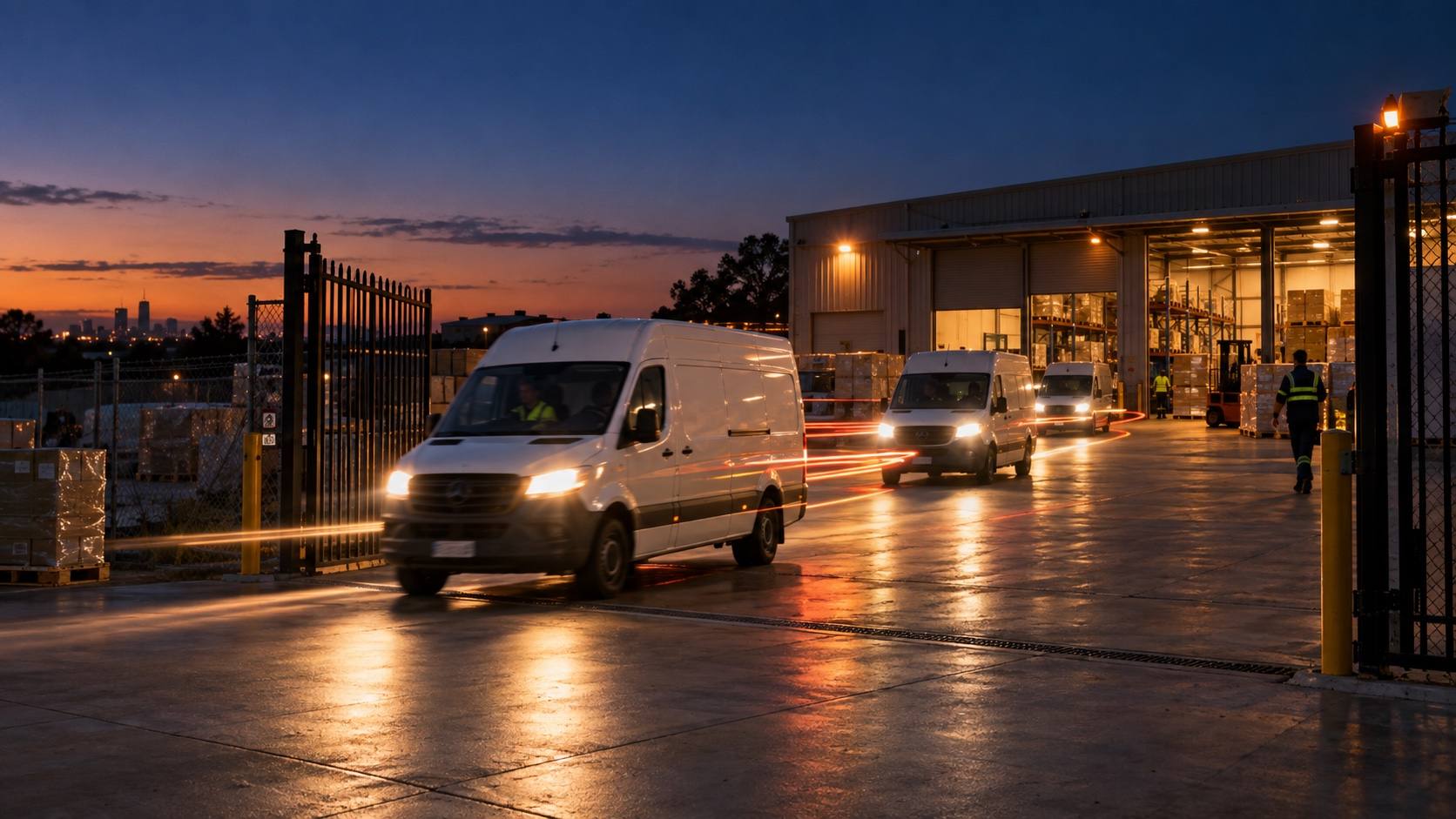 Delivery vans returning through the depot gate at dusk with their headlights on.