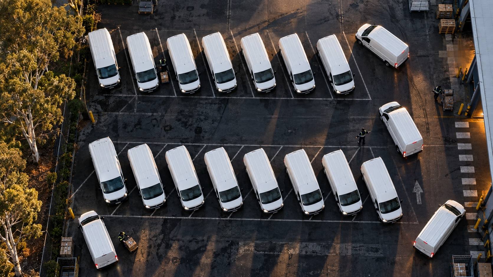 Aerial view of rows of white delivery vans parked in a depot yard in early morning light.