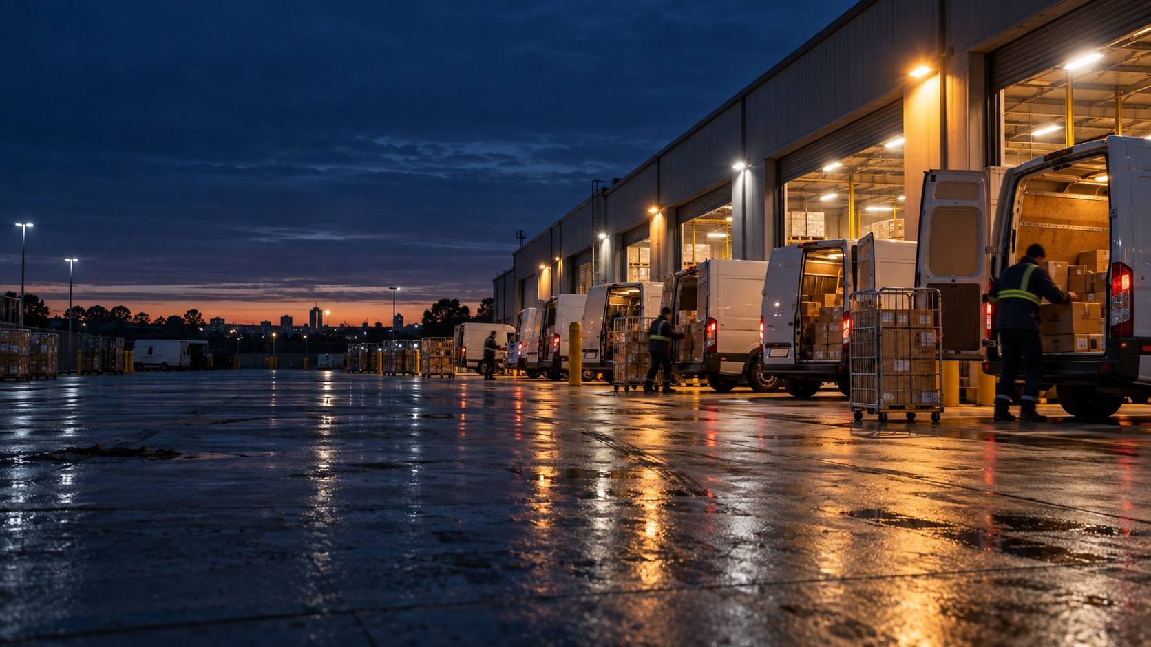 White delivery vans backed up to lit loading docks before dawn, drivers loading parcels from roll cages.