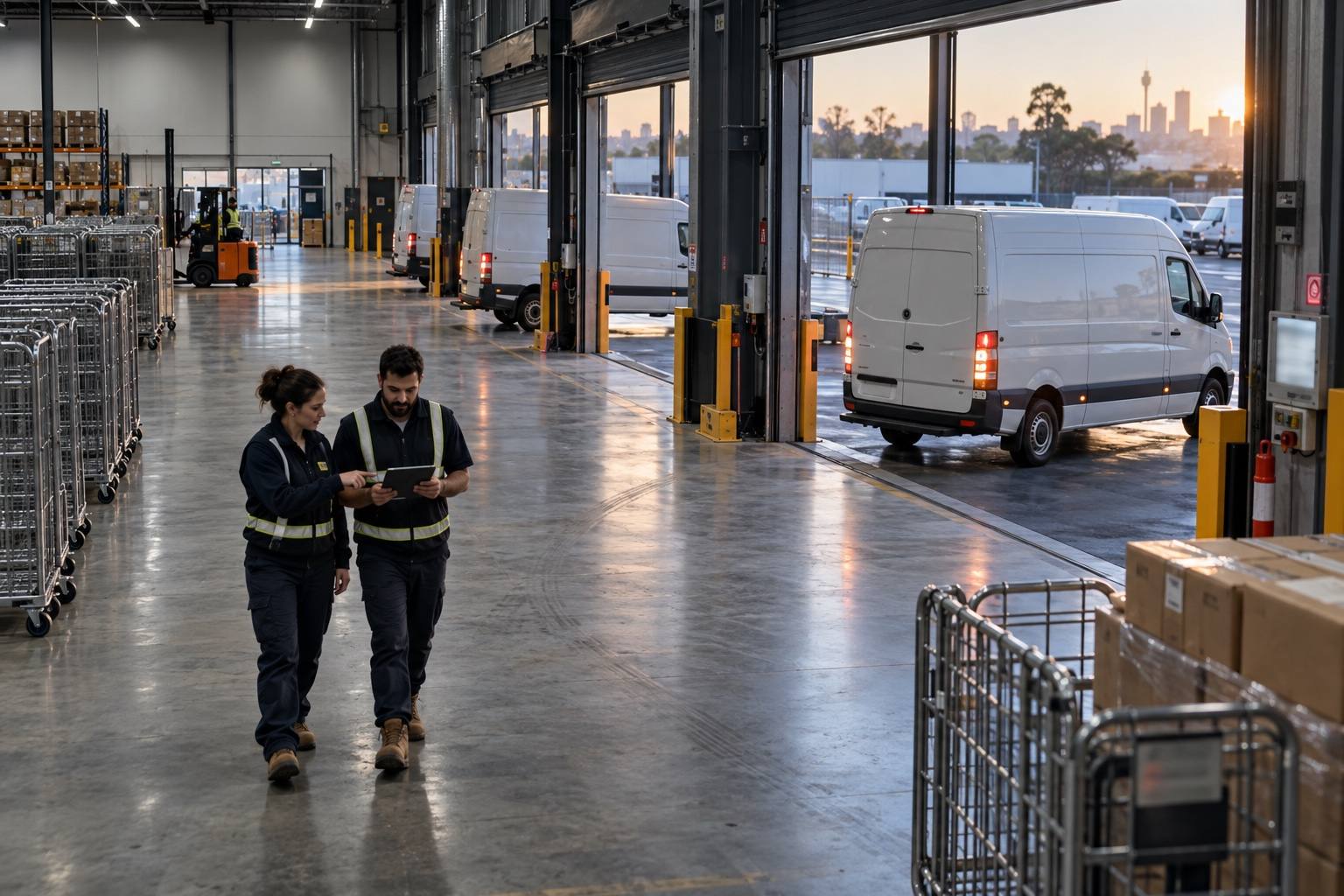 Two people with a tablet walking the floor of a new depot as vans reverse into the bays.