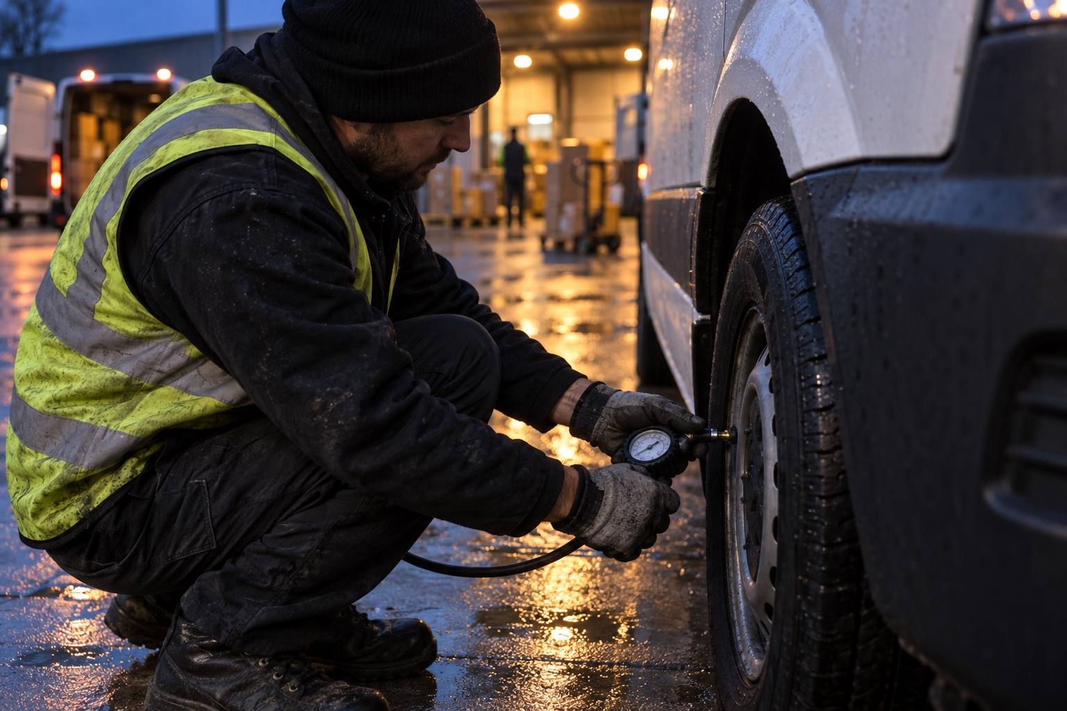 A driver crouched on wet concrete checking a van tyre’s pressure with a gauge.