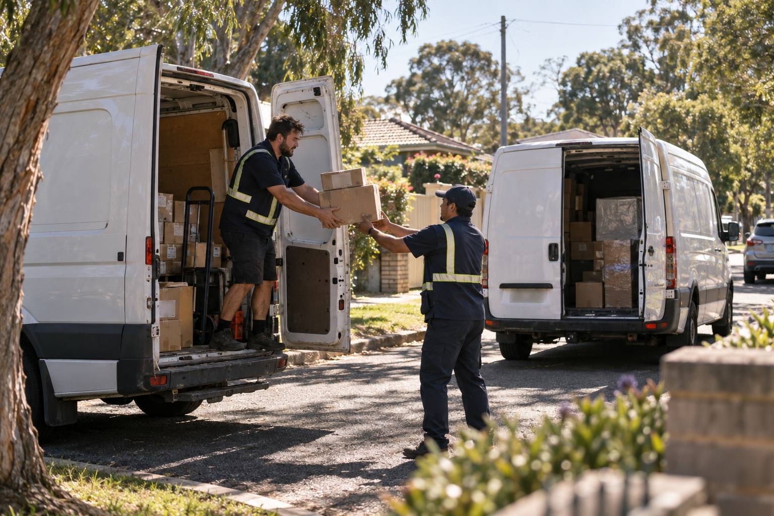 Two drivers handing parcels between vans parked nose-to-tail on a suburban street.