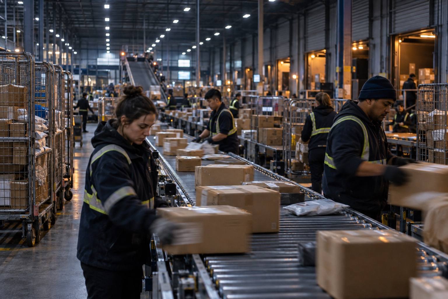Depot staff in hi-vis sorting parcels along a roller conveyor before dawn.